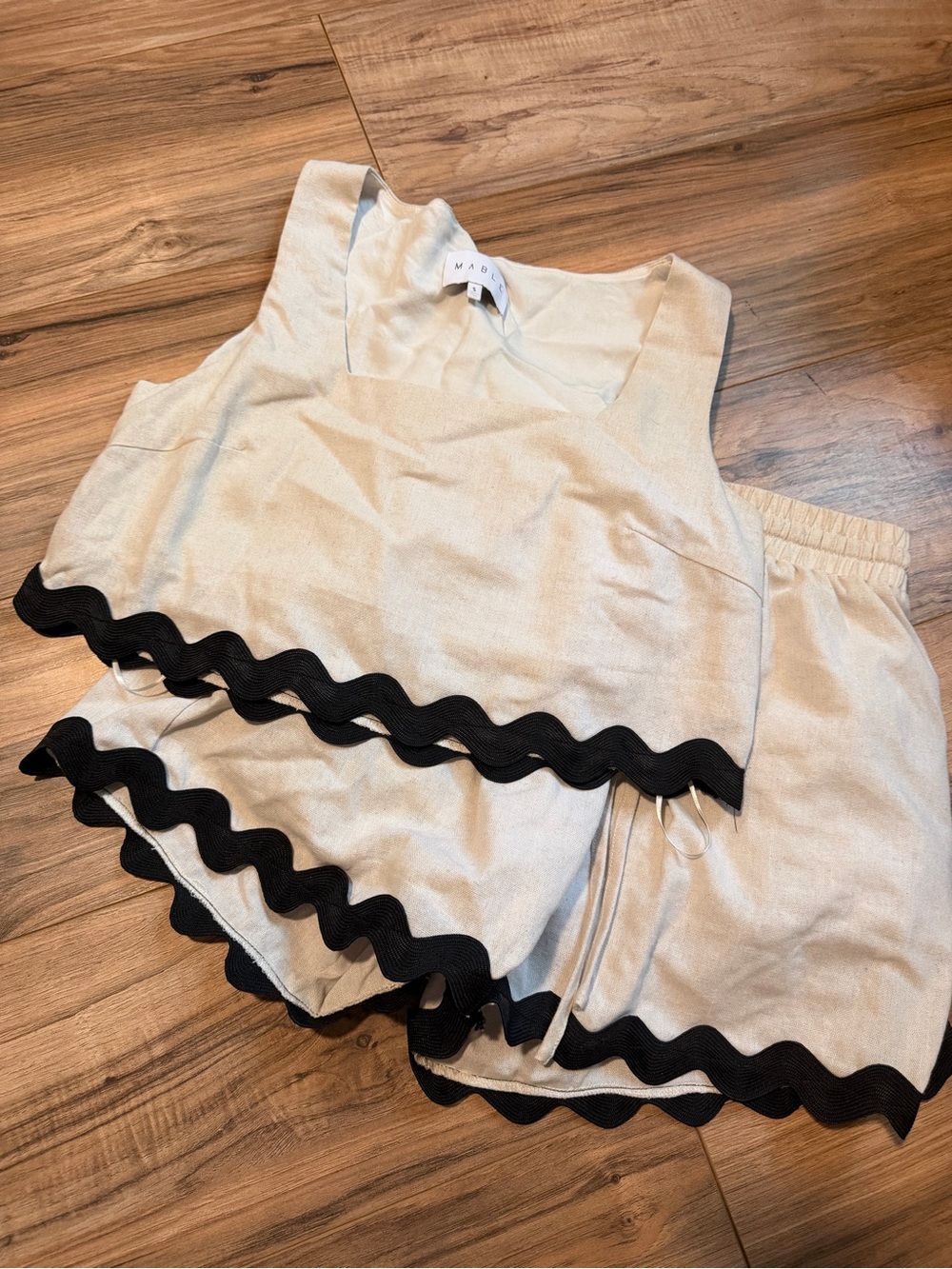 Mable Beige Two-Piece Tank and Shorts Set with Black Scalloped Trim